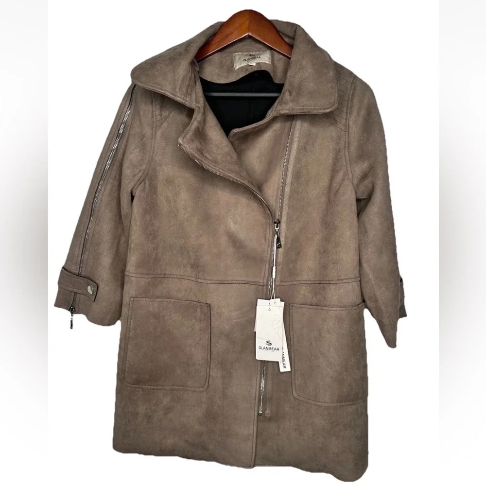 Suede Jacket Womens Size L Tan Open Front Zippers & Pockets Olanmear 3/4 Sleeve